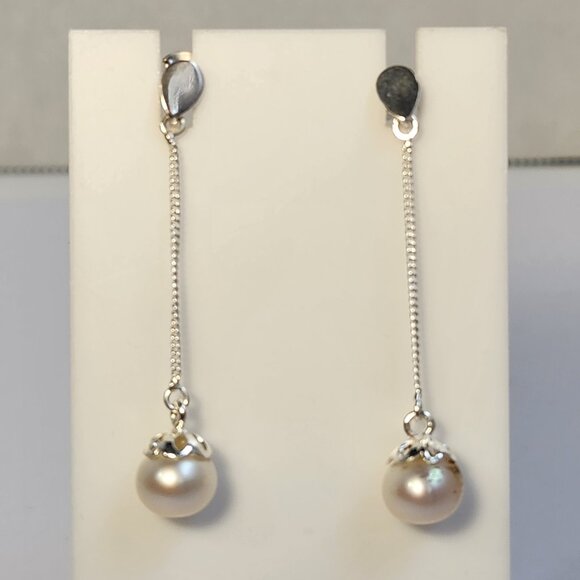 VTG 925 Honora/Tiffany's Style Dangle Drop Pearl Signed Ornate 2" Stud Earrings - Picture 4 of 15